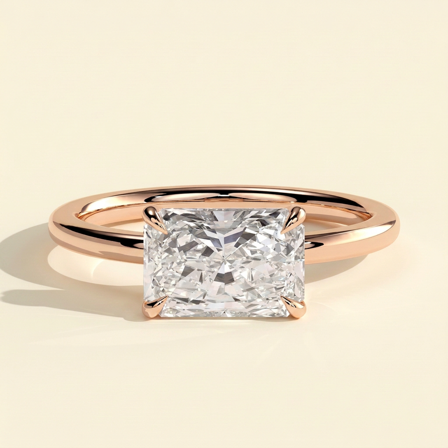 The Ovelle - Radiant Cut Lab Grown Diamond East West Solitaire with Raised Basket Gallery Engagement Ring - Rose Gold