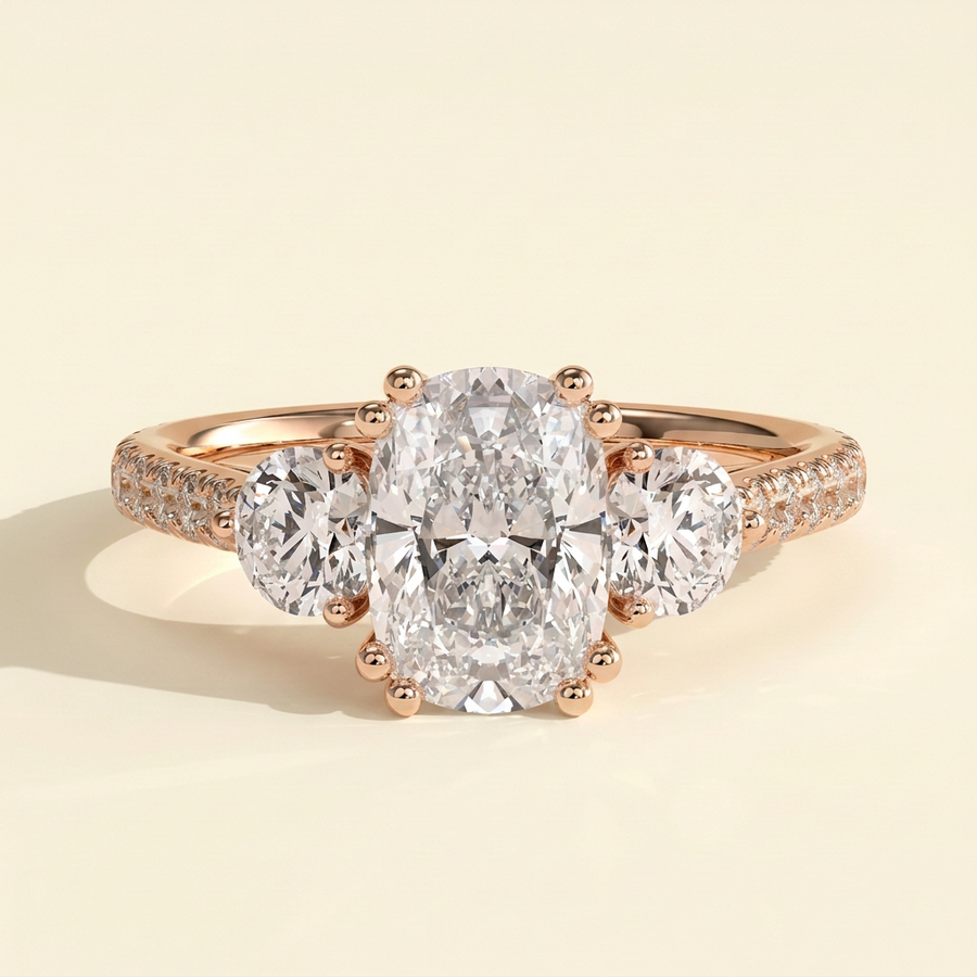 The Ivara - Elongated Cushion Cut Lab Grown Diamond Double Claw Three Stone with Pave Band and Cathedral Setting Engagement Ring - Rose Gold