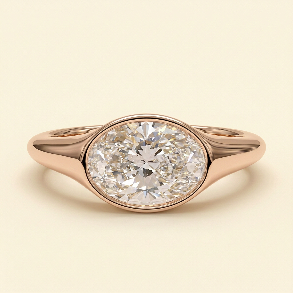 The Colette - Oval Cut Lab Grown Diamond East West Bezel Set Solitaire with Signet Band Engagement Ring
