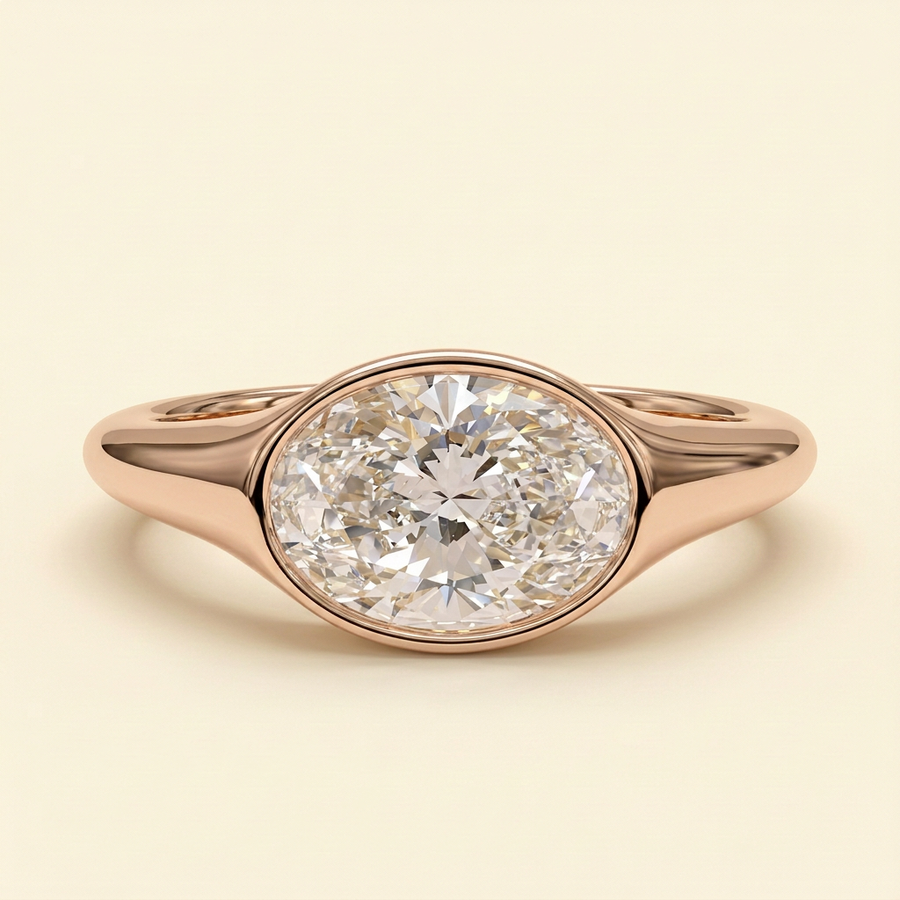 The Colette - Oval Cut Lab Grown Diamond East West Bezel Set Solitaire with Signet Band Engagement Ring - Rose Gold