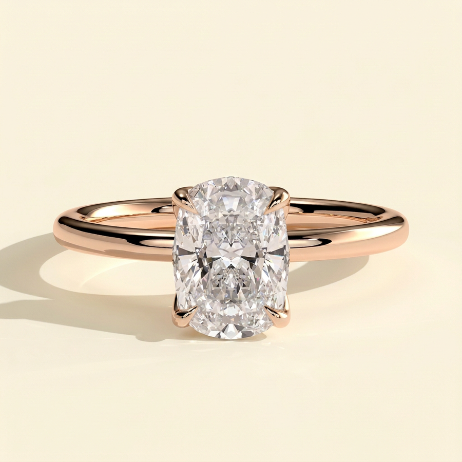 The Cerine - Elongated Cushion Cut Lab Grown Diamond Solitaire with Petal Gallery and Tiara Detail Engagement Ring - Rose Gold