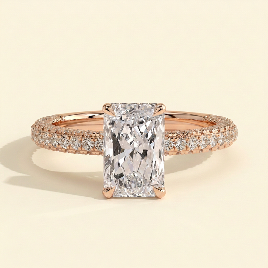 The Maia - Radiant Cut Lab Grown Diamond Hidden Halo Engagement Ring with Triple Pave Band - Rose Gold