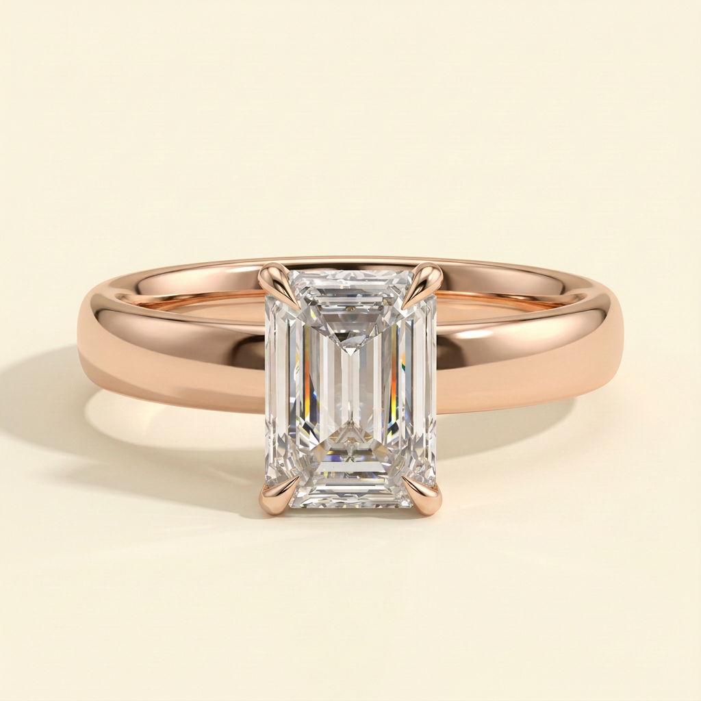 The Hera - Emerald Cut Lab Grown Diamond Hidden Halo Solitaire with Cigar Band Engagement Ring