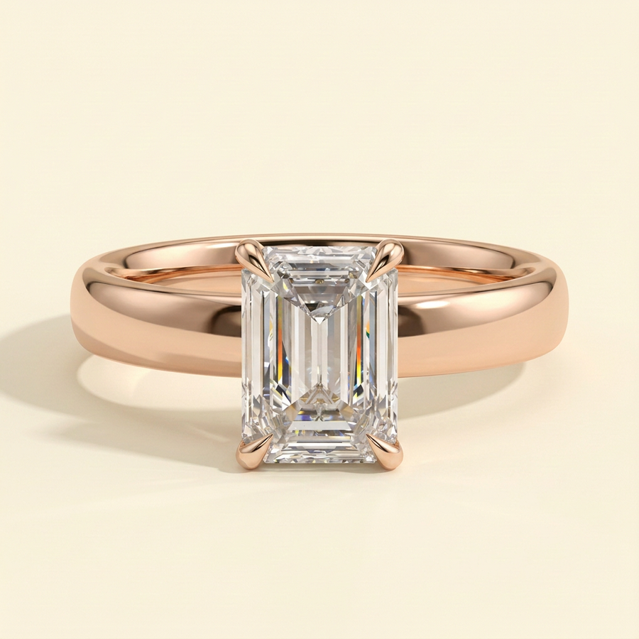 The Hera - Emerald Cut Lab Grown Diamond Hidden Halo Solitaire with Cigar Band Engagement Ring - Rose Gold