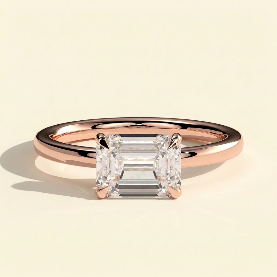 The Quila - Emerald Cut Lab Grown Diamond East West Solitaire Engagement Ring with Raised Basket - Rose Gold
