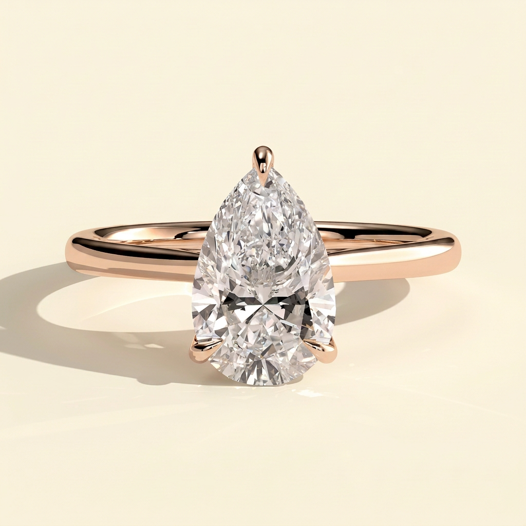 The Auva - Pear Cut Lab Grown Diamond Solitaire with Hidden Halo and Cathedral Setting Ring