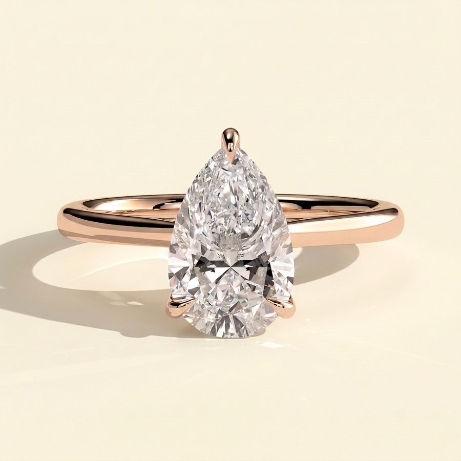 The Auva - Pear Cut Lab Grown Diamond Solitaire with Hidden Halo and Cathedral Setting Ring - Rose Gold