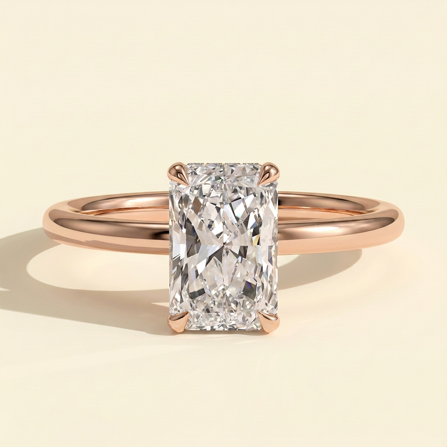 The Iliana - Radiant Cut Lab Grown Diamond Four Claw Solitaire with Wrap Around Hidden Halo Engagement Ring - Rose Gold