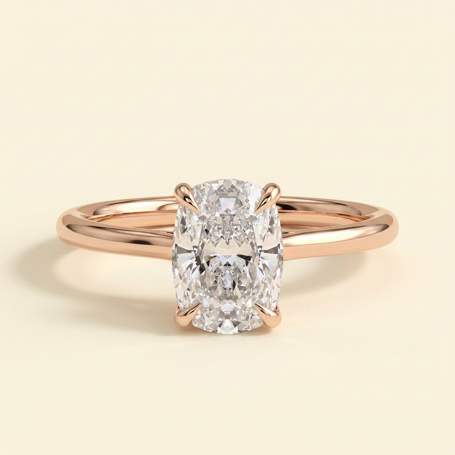 The Karisa - Elongated Cushion Cut Lab Grown Diamond Four Claw Solitaire with Hidden Halo Engagement Ring - Rose Gold