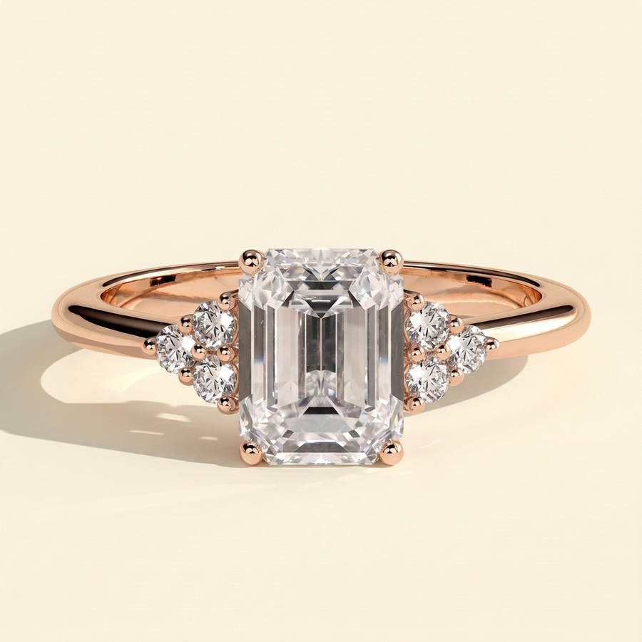 The Serene - Emerald Cut Lab Grown Diamond Low Set Solitaire with Round Shoulder Stones Engagement Ring - Rose Gold
