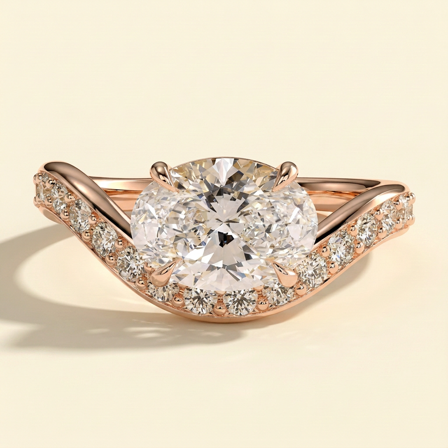 The Tesora - Oval Cut Lab Grown Diamond East West Solitaire with Bead Set Pave Wave Band Engagement Ring - Rose Gold