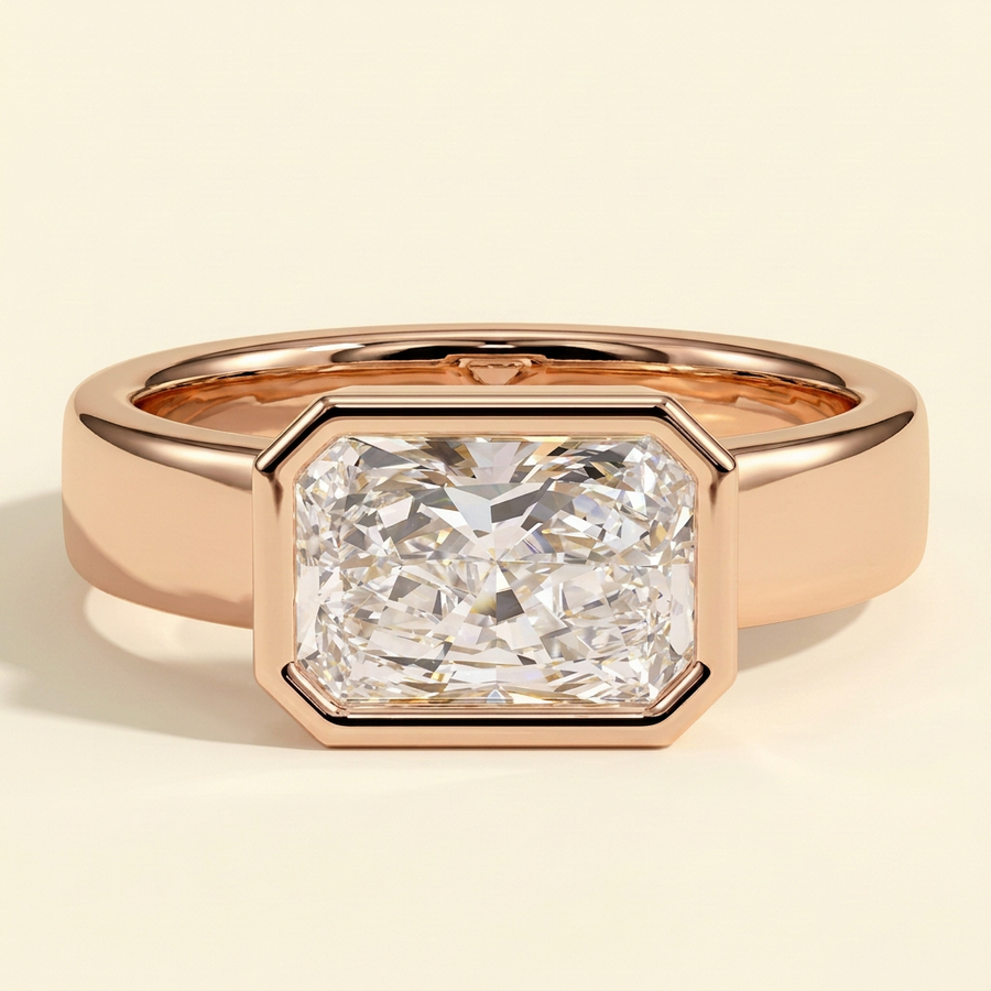 The Bellamy - Radiant Cut Lab Grown Diamond Bezel Set East West Solitaire Engagement Ring - Rose Gold