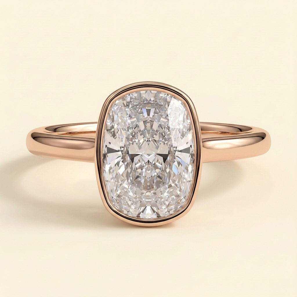 The Bella - Elongated Cushion Cut Lab Grown Diamond Solitaire Ring with Bezel Hidden Halo