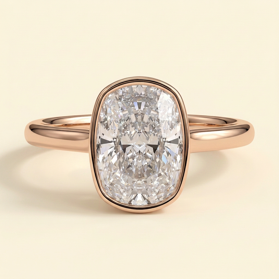 The Bella - Elongated Cushion Cut Lab Grown Diamond Solitaire Ring with Bezel Hidden Halo - Rose Gold