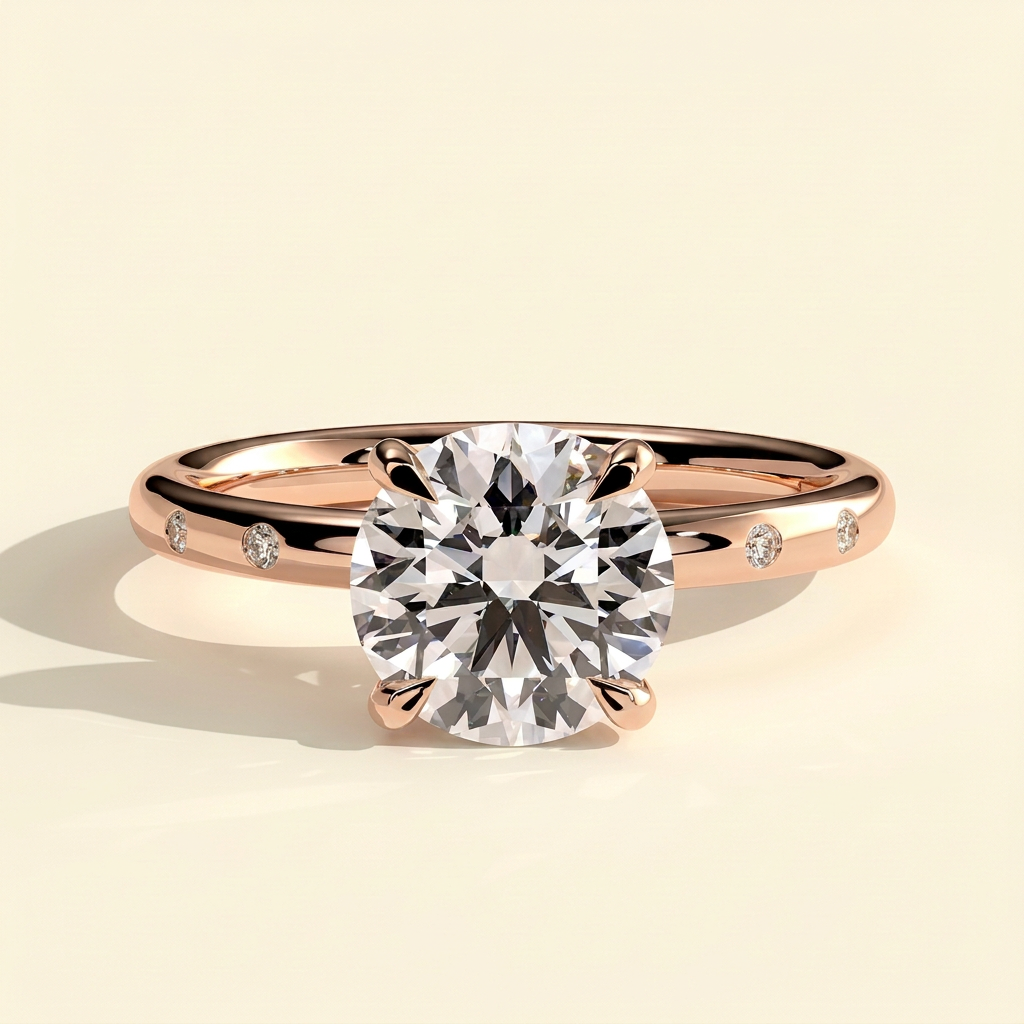 The Diamara - Round Cut Lab Grown Diamond Solitaire with Inset Round Side Stones in a Sleek Band Engagement Ring