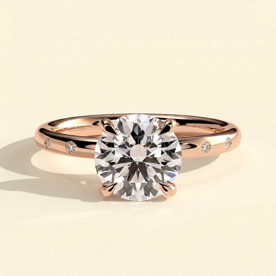 The Diamara - Round Cut Lab Grown Diamond Solitaire with Inset Round Side Stones in a Sleek Band Engagement Ring - Rose Gold