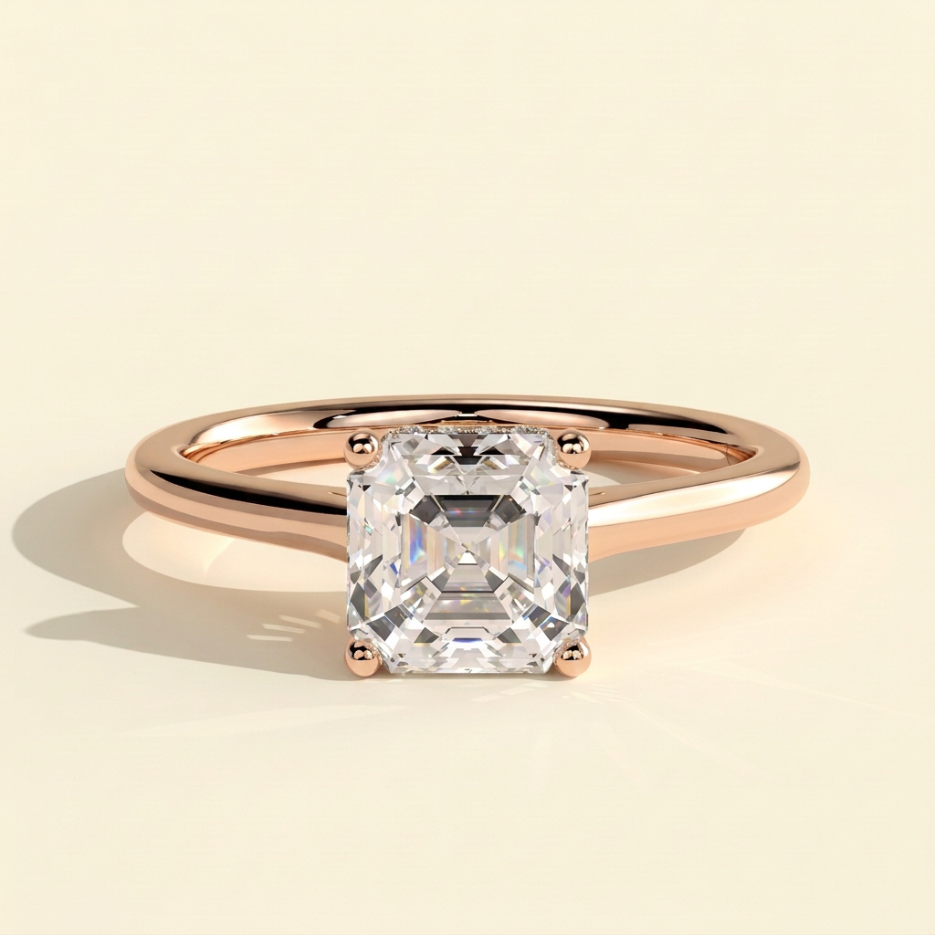 The Novalie - Asscher Cut Lab Grown Diamond Four Claw Hidden Halo Solitaire Engagement Ring