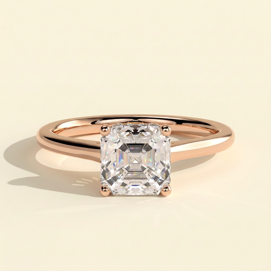 The Novalie - Asscher Cut Lab Grown Diamond Four Claw Hidden Halo Solitaire Engagement Ring - Rose Gold