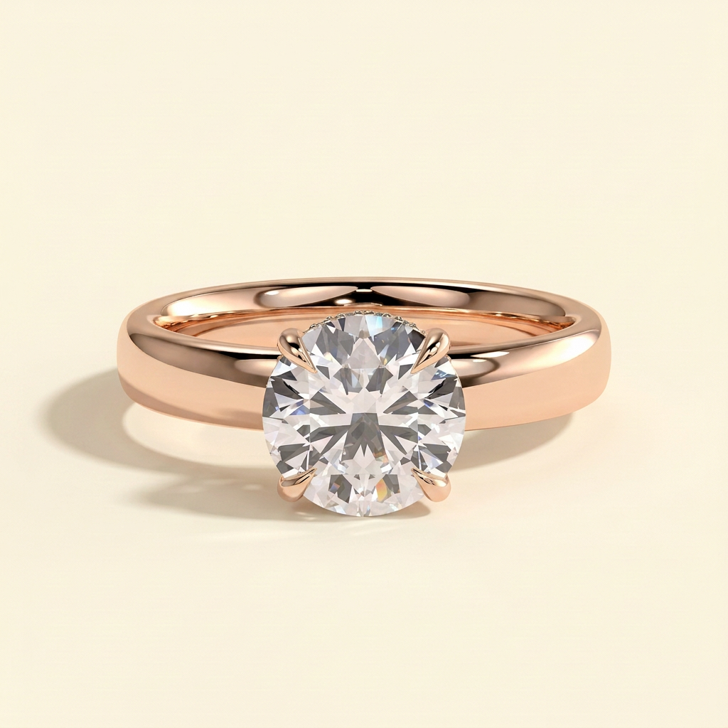 The Miela - Round Cut Lab Grown Diamond Four Claw Solitaire with Hidden Halo and Cigar Band Engagement Ring