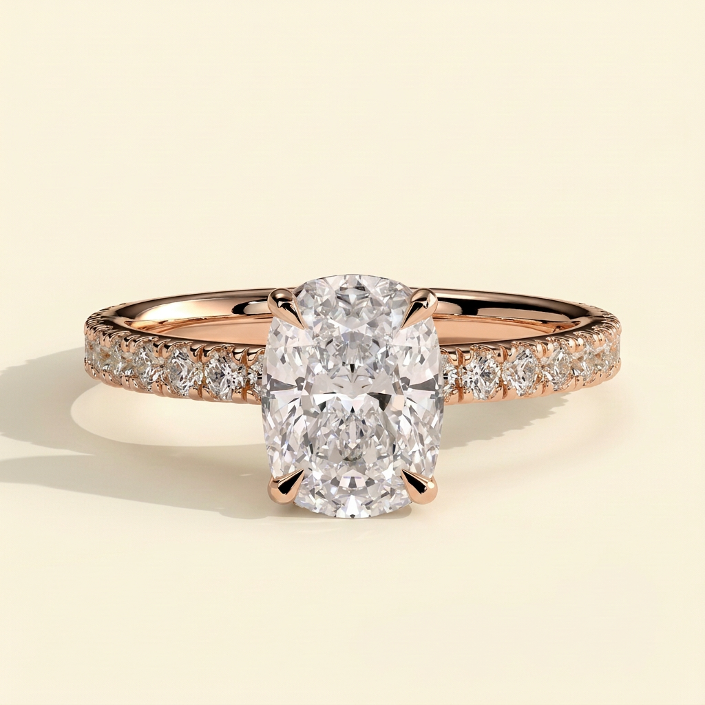 The Etoile - Elongated Cushion Lab Diamond Solitaire with Hidden Halo and Pave Band Ring