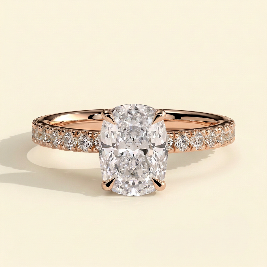 The Etoile - Elongated Cushion Lab Diamond Solitaire with Hidden Halo and Pave Band Ring - Rose Gold