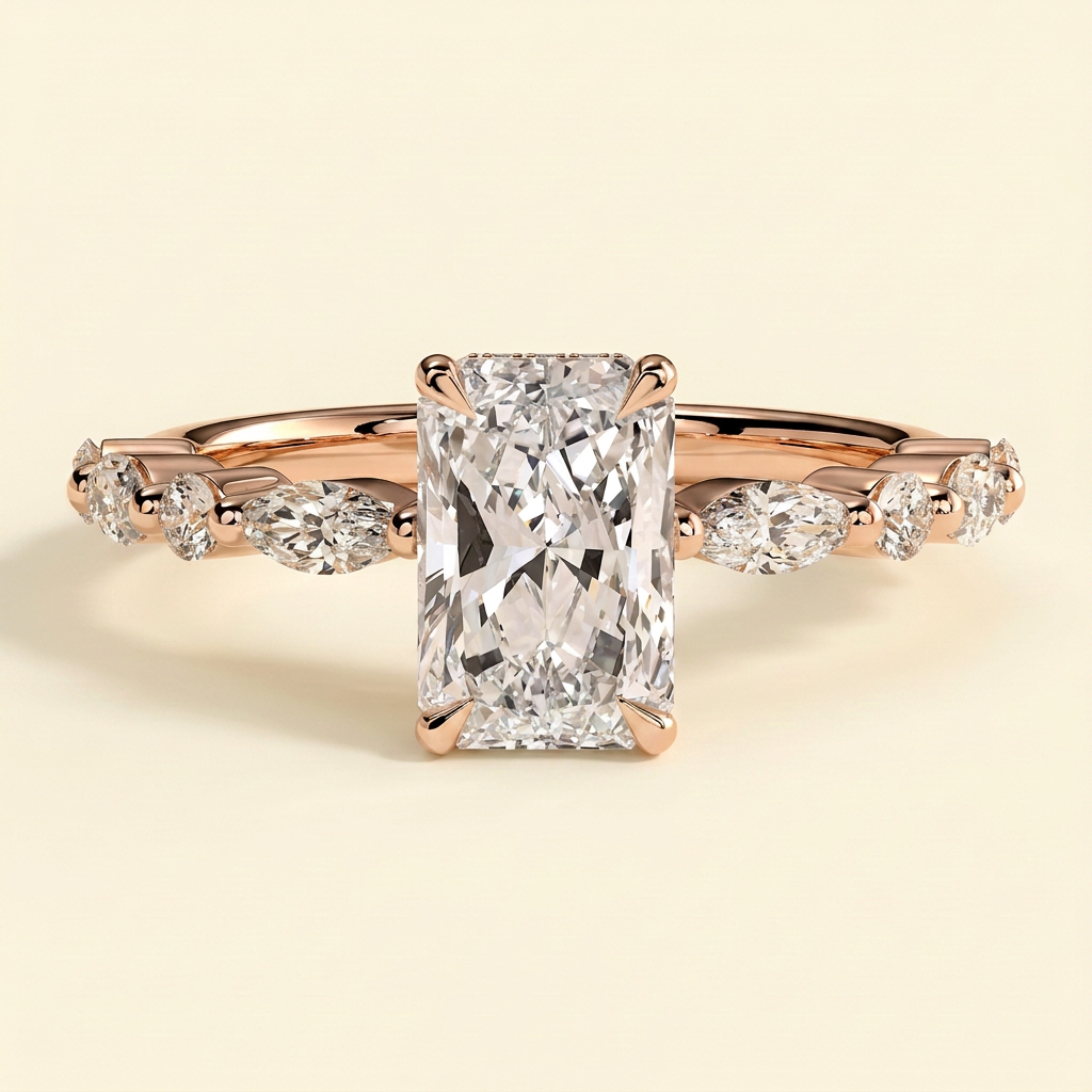 The Hana - Radiant Cut Lab Grown Diamond Hidden Halo Solitaire with Alternating Round and Marquise Accent Band Engagement Ring