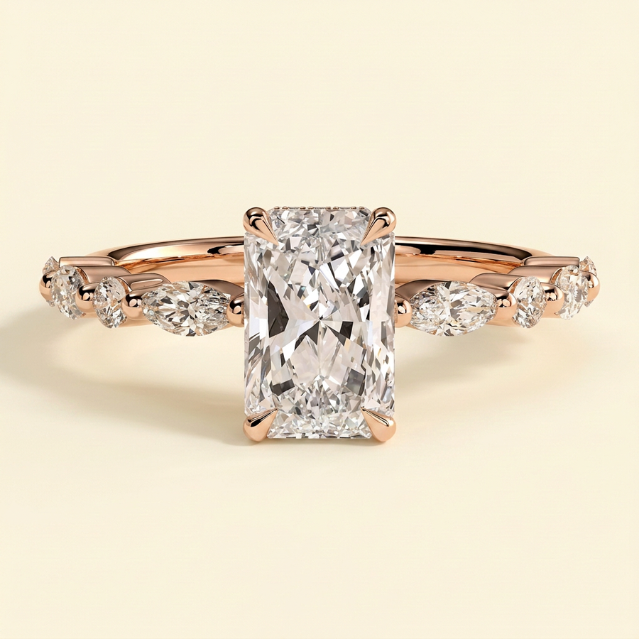 The Hana - Radiant Cut Lab Grown Diamond Hidden Halo Solitaire with Alternating Round and Marquise Accent Band Engagement Ring - Rose Gold
