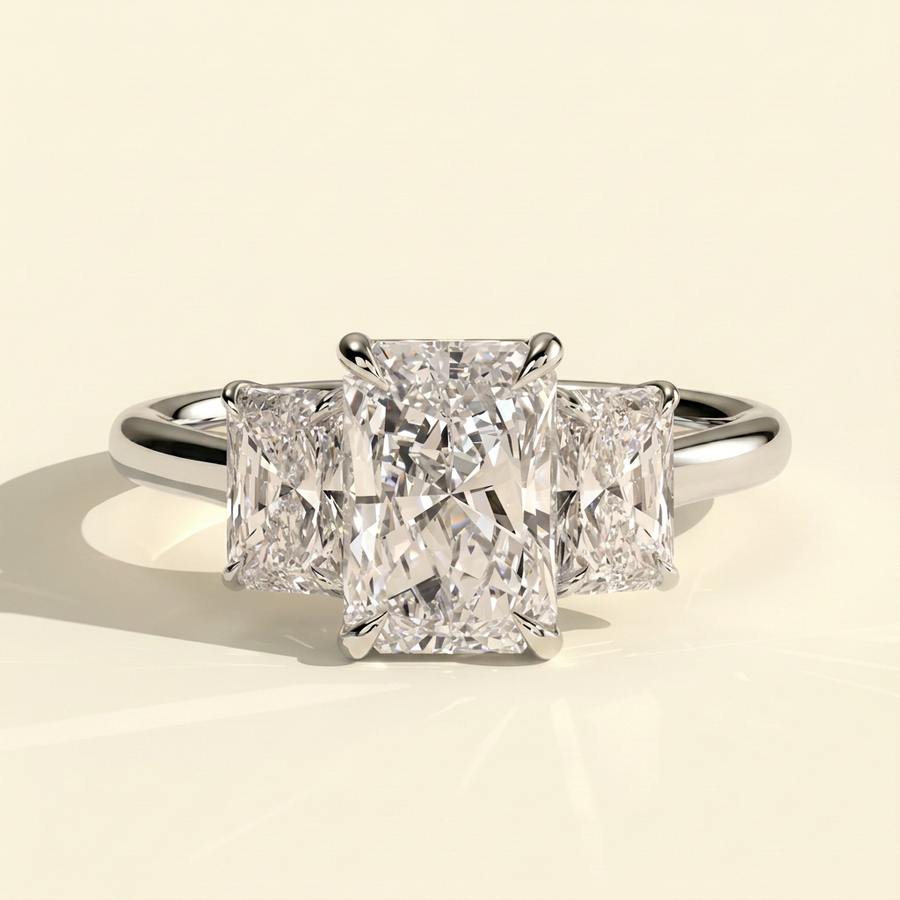 The Elina - Classic Radiant Lab Grown Diamond Three Stone Engagement Ring - White Gold