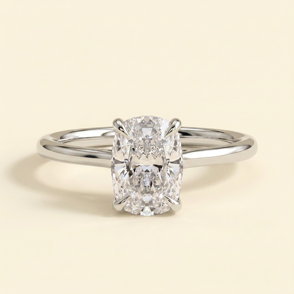 The Karisa - Elongated Cushion Cut Lab Grown Diamond Four Claw Solitaire with Hidden Halo Engagement Ring