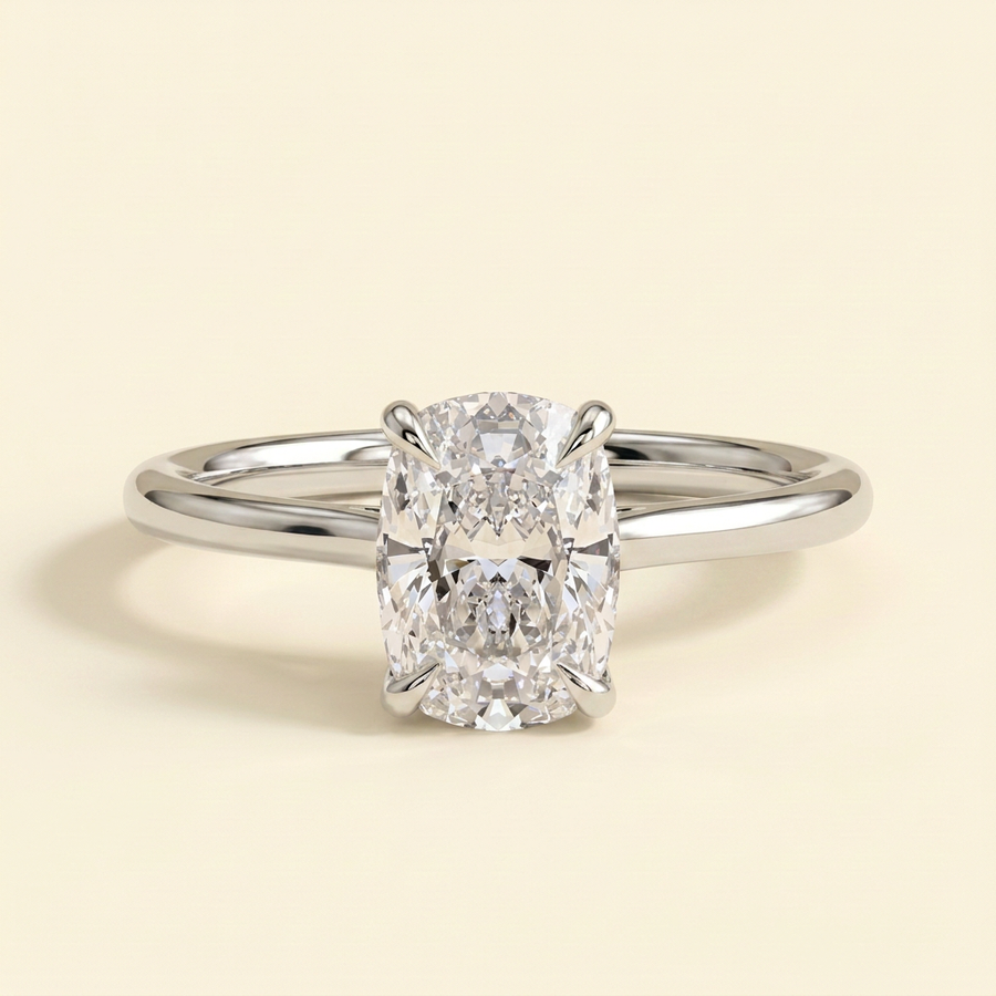 The Karisa - Elongated Cushion Cut Lab Grown Diamond Four Claw Solitaire with Hidden Halo Engagement Ring - White Gold