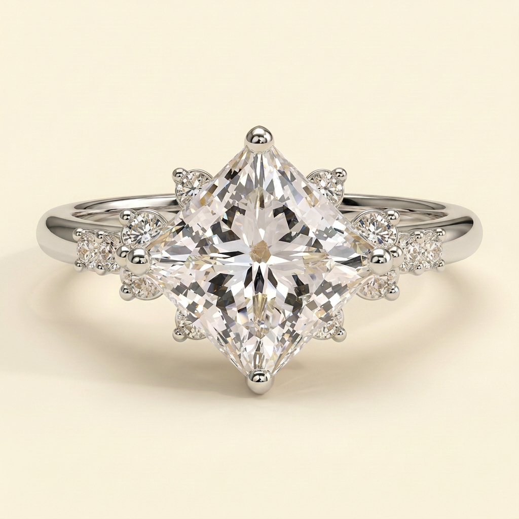 The Velora - Princess Cut Lab Grown Diamond Solitaire with Angled Setting and Round Accent Clusters Engagement Ring