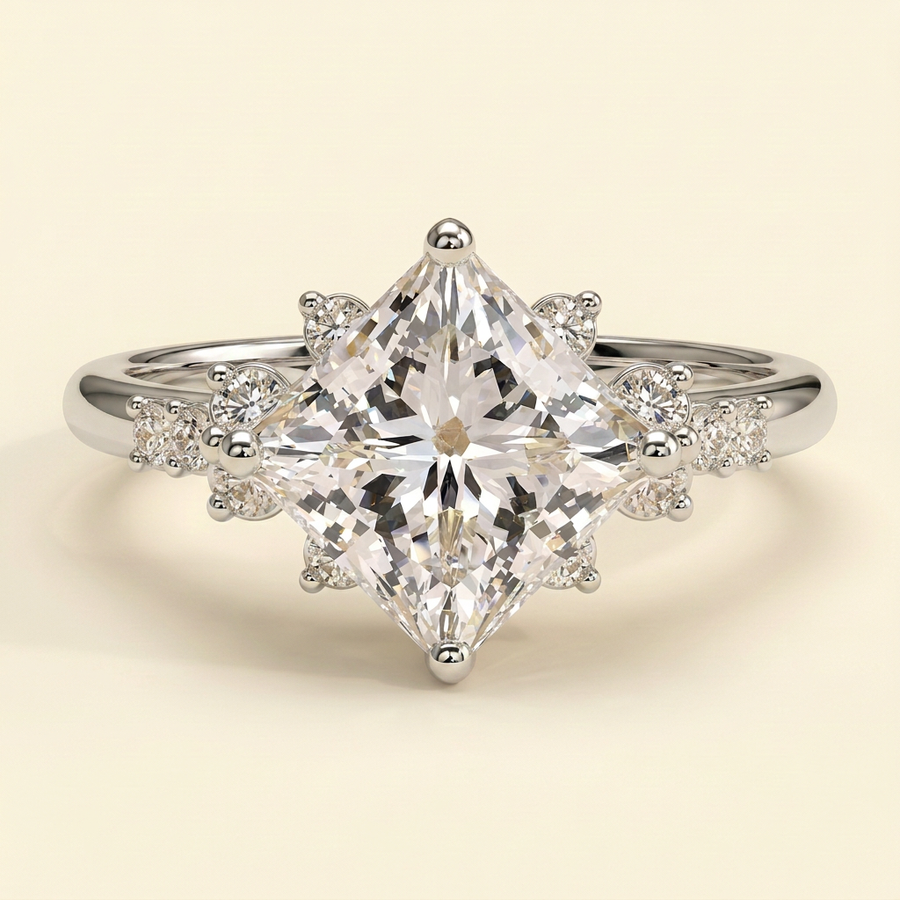The Velora - Princess Cut Lab Grown Diamond Solitaire with Angled Setting and Round Accent Clusters Engagement Ring - White Gold