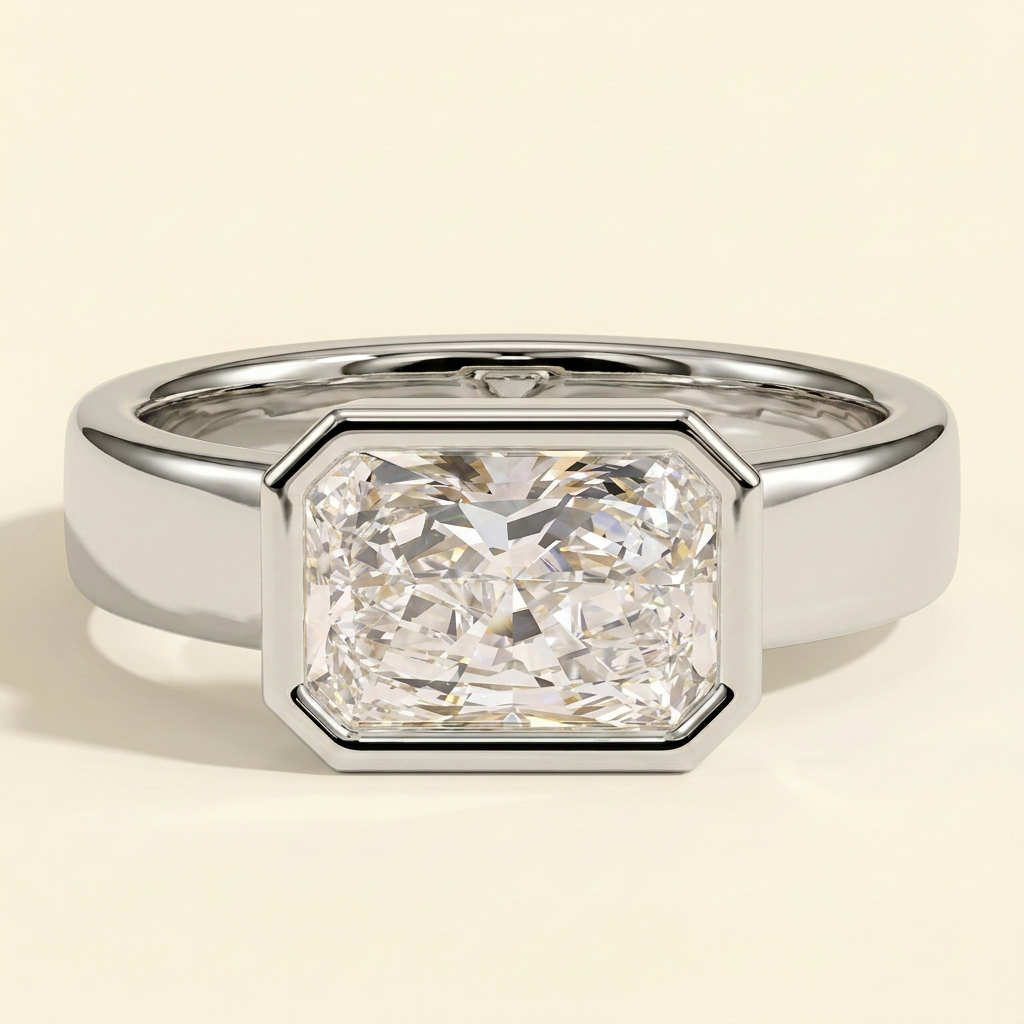 The Bellamy - Radiant Cut Lab Grown Diamond Bezel Set East West Solitaire Engagement Ring