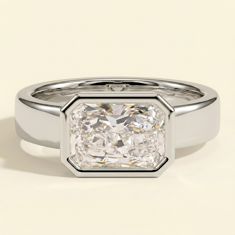 The Bellamy - Radiant Cut Lab Grown Diamond Bezel Set East West Solitaire Engagement Ring - White Gold