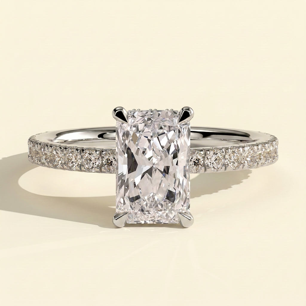 The Laela - Radiant Lab Grown Diamond Solitaire with Wrap Around Hidden Halo and Pave Band Ring