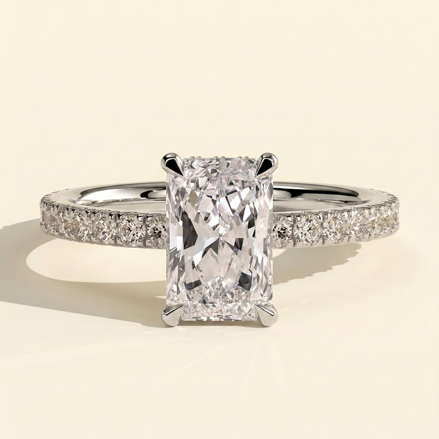 The Laela - Radiant Lab Grown Diamond Solitaire with Wrap Around Hidden Halo and Pave Band Ring - White Gold