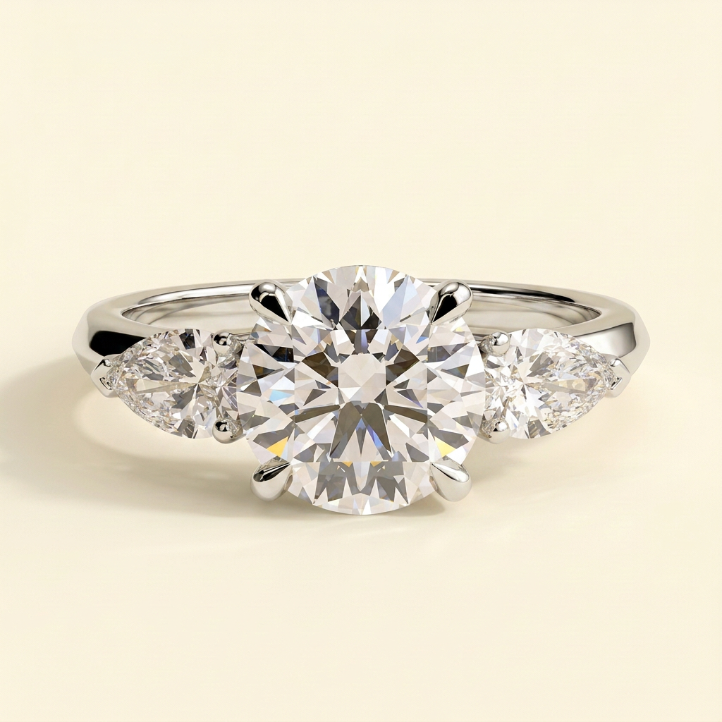 The Regalia - Round Cut Lab Grown Diamond Three Stone Engagement Ring with Pear Side Stones