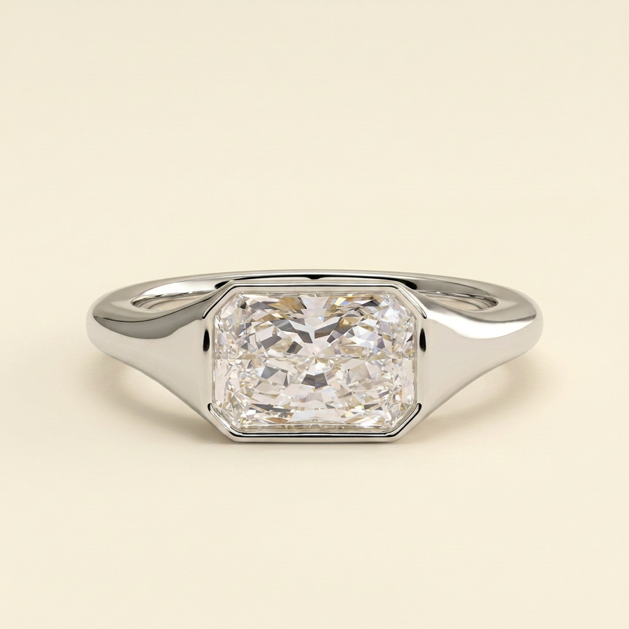 The Ciana - Radiant Cut Lab Grown Diamond East West Bezel Set Signet Band Engagement Ring - White Gold