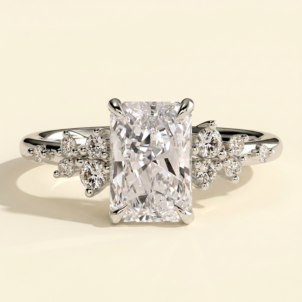 The Jorelle - Radiant Cut Lab Grown Diamond Solitaire with Clustered Round Shoulder Stones Engagement Ring