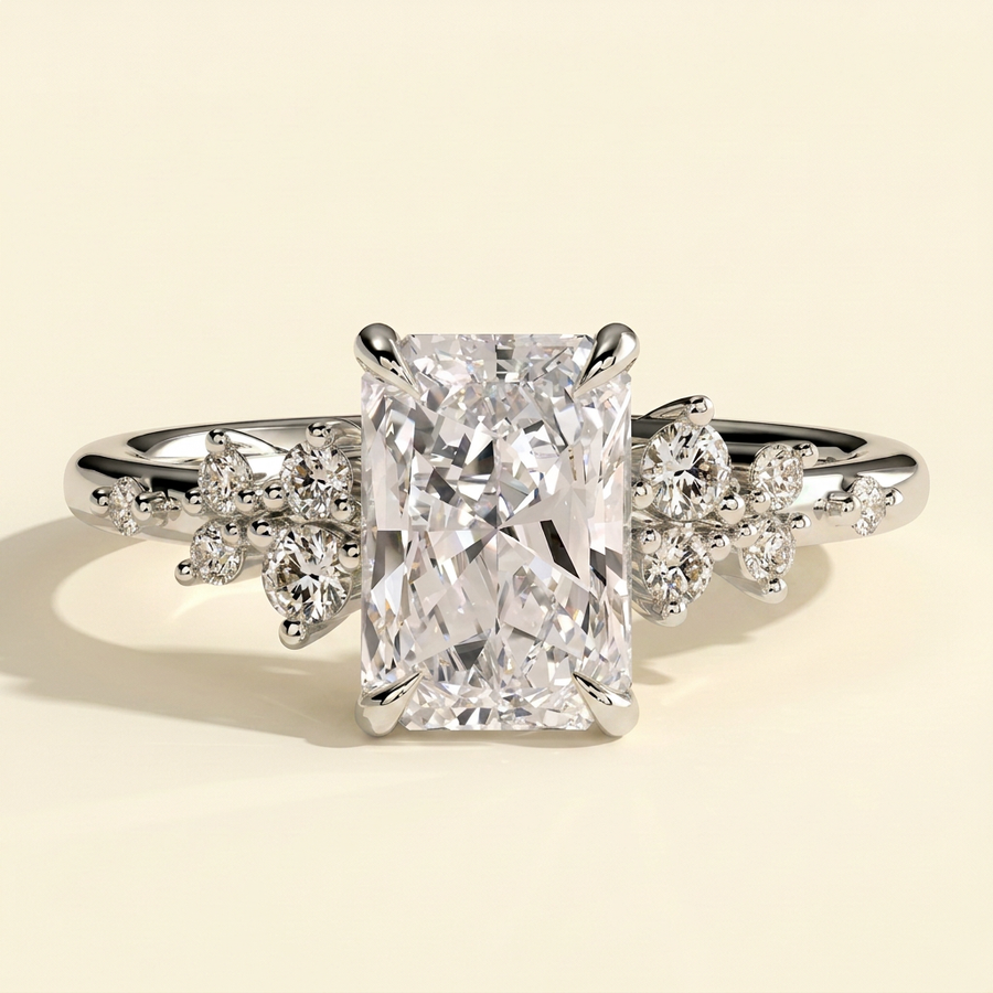 The Jorelle - Radiant Cut Lab Grown Diamond Solitaire with Clustered Round Shoulder Stones Engagement Ring - White Gold