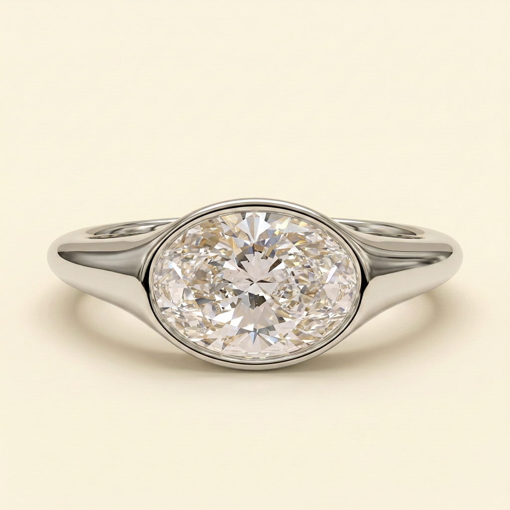 The Colette - Oval Cut Lab Grown Diamond East West Bezel Set Solitaire with Signet Band Engagement Ring