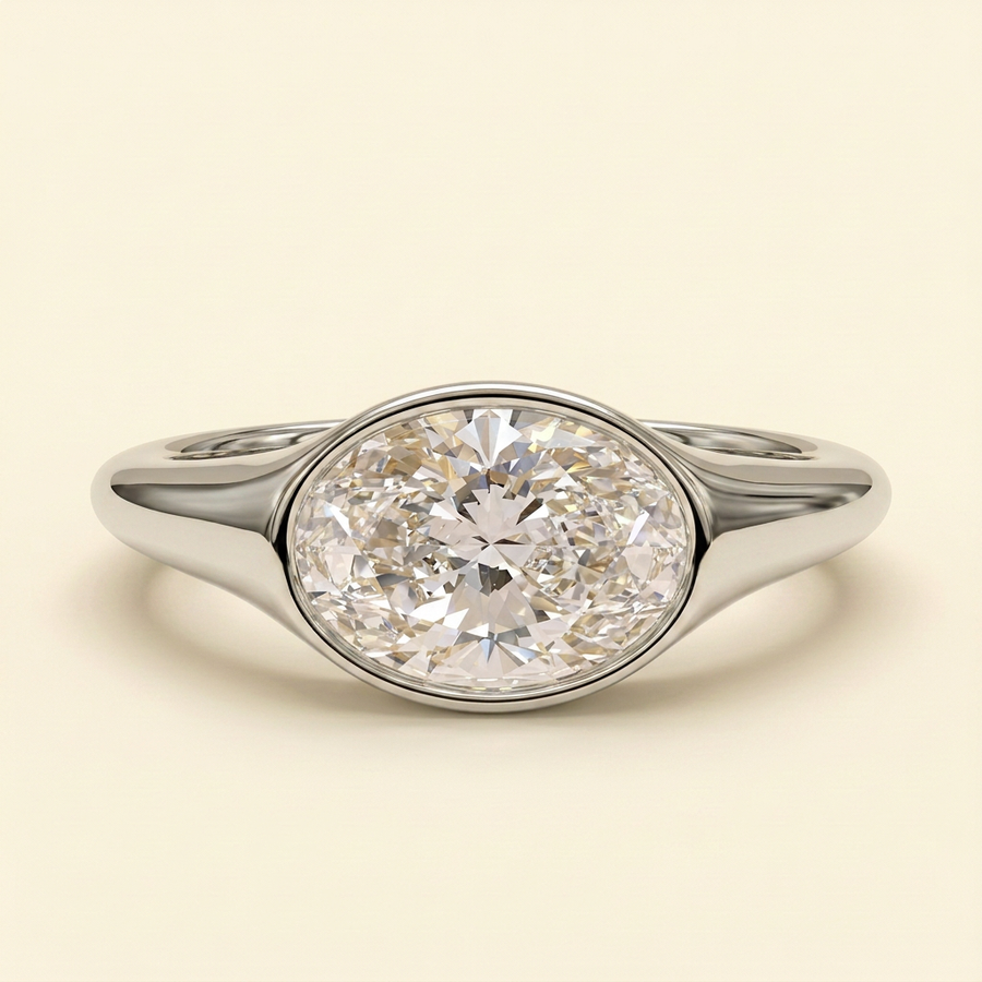 The Colette - Oval Cut Lab Grown Diamond East West Bezel Set Solitaire with Signet Band Engagement Ring - White Gold