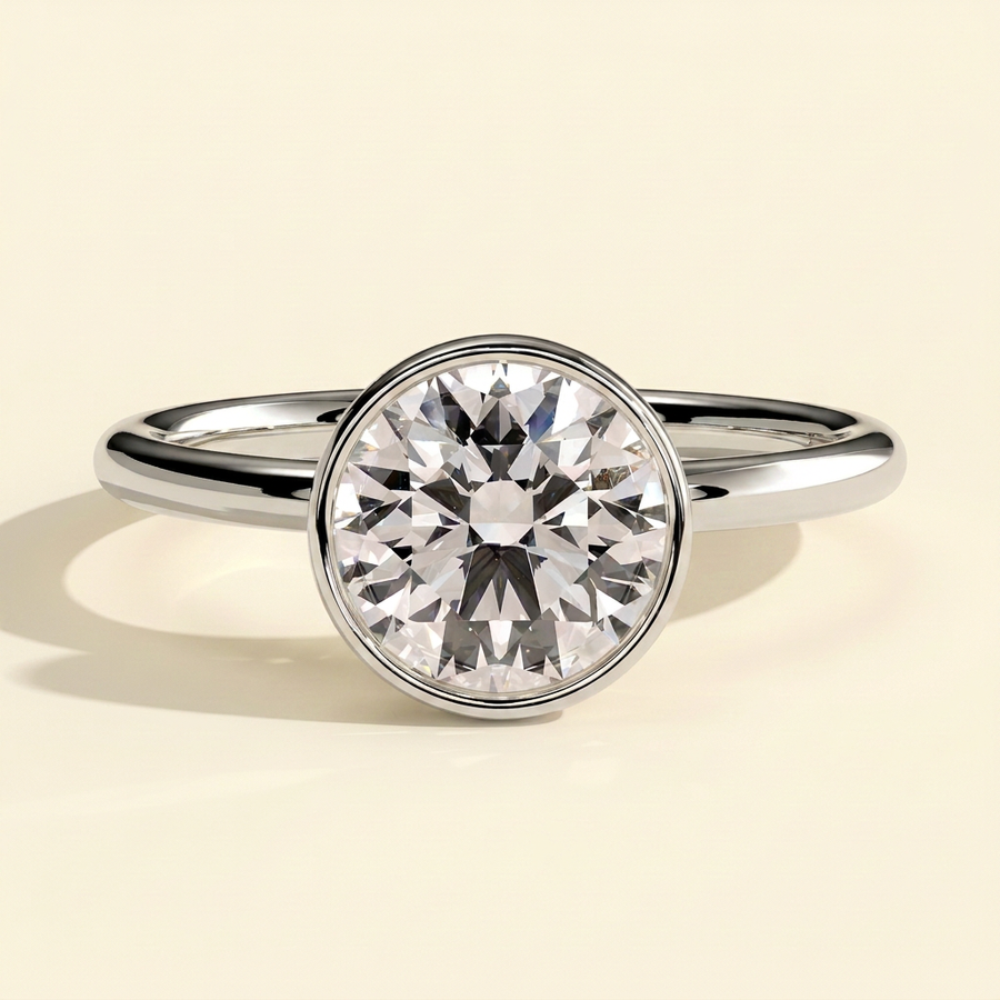 The Nayla - Round Cut Lab Grown Diamond Bezel Set Solitaire with Petal Gallery Engagement Ring - White Gold