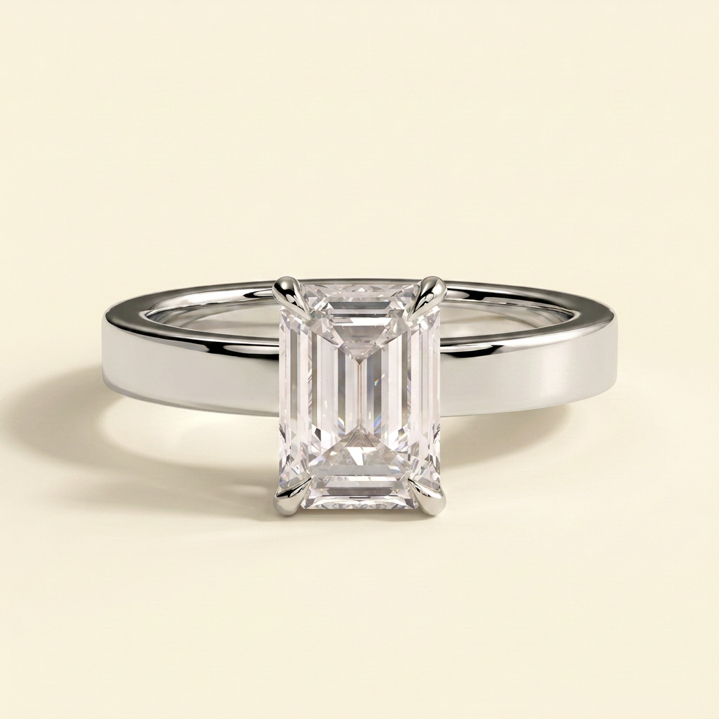 The Odelia - Emerald Cut Lab Diamond Solitaire with Flat Cigar Band and Hidden Halo Ring