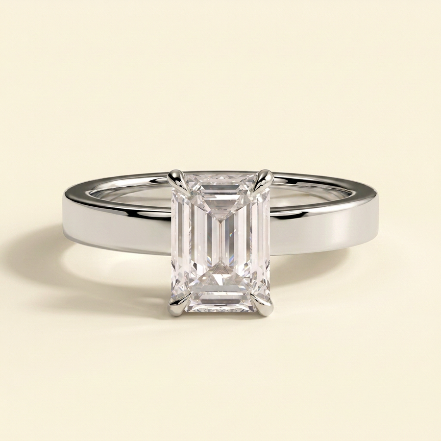 The Odelia - Emerald Cut Lab Diamond Solitaire with Flat Cigar Band and Hidden Halo Ring - White Gold