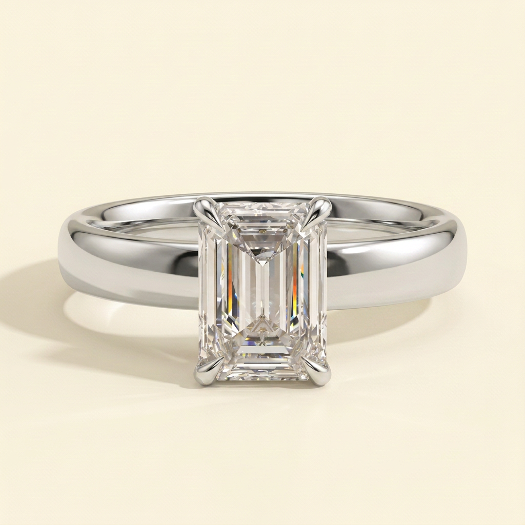 The Hera - Emerald Cut Lab Grown Diamond Hidden Halo Solitaire with Cigar Band Engagement Ring