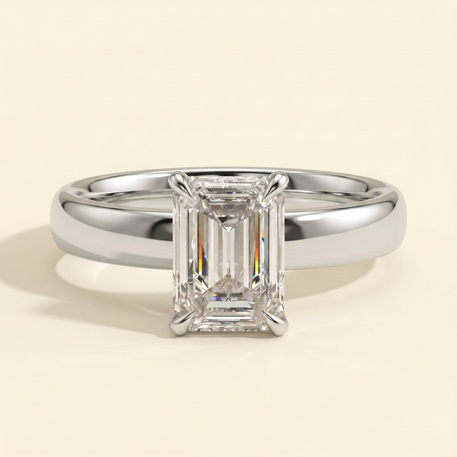 The Hera - Emerald Cut Lab Grown Diamond Hidden Halo Solitaire with Cigar Band Engagement Ring - White Gold