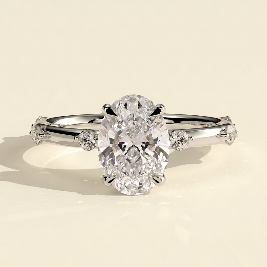 The Fiora - Oval Cut Lab Grown Diamond Solitaire with Hidden Halo Engagement Ring - White Gold