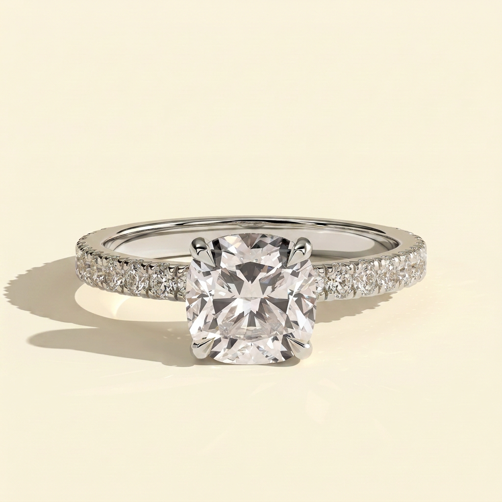 The Atria - Square Cushion Lab Diamond Solitaire with Hidden Halo and Pave Band Engagement Ring