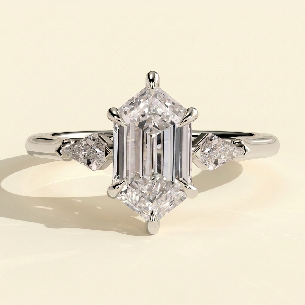 The Lavelle - Elongated Hexagon Cut Lab Grown Diamond Three Stone Engagement Ring with Kite Side Stones